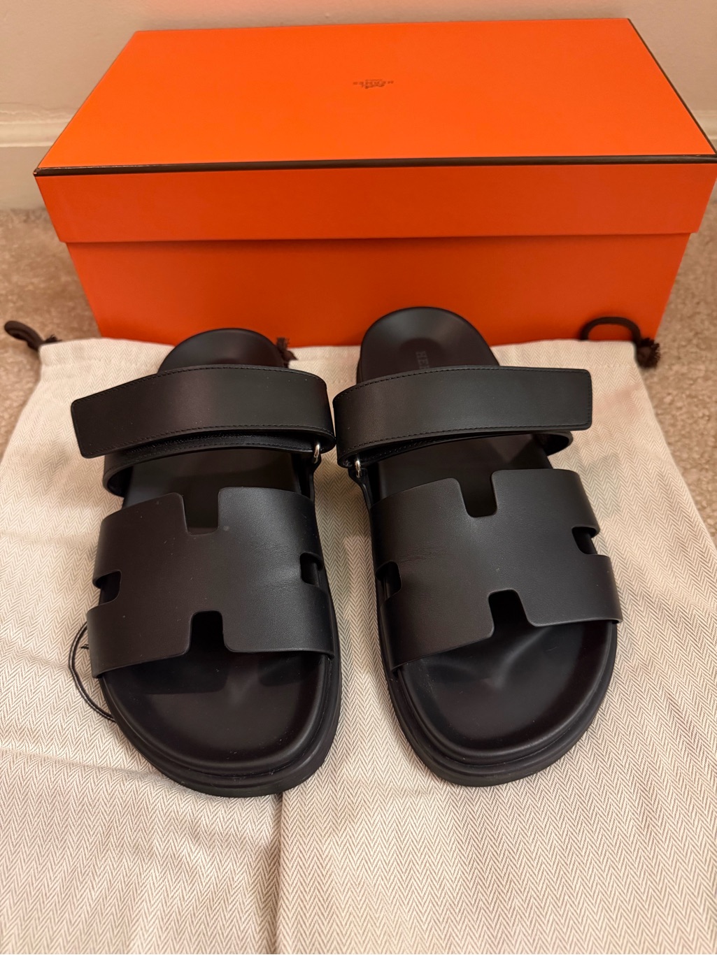 Herms Black Oran Slide Sandals